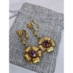 Gold Tone Embellished Floral Dangle Clip Earrings